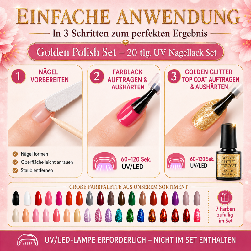 Golden UV Nail Polish Set – Coffret Vernis UV 20 pièces avec Golden Glitter Top Coat